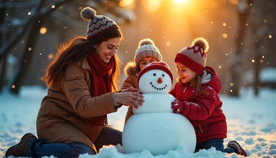 Family enjoys winter fun while building a snowman