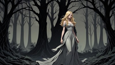 Mystical woman walks through dark enchanted forest