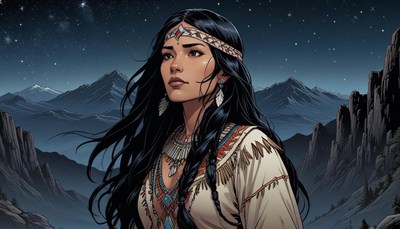 Native woman gazes towards mountains under a starry sky