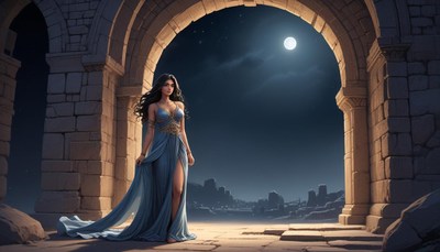 Enchanting woman walks under moonlit archway
