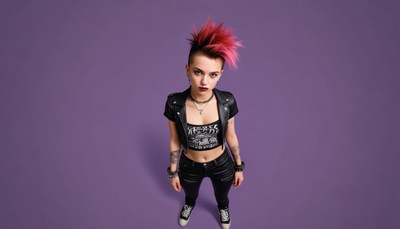 Young woman with a punk style posing against purple backdrop