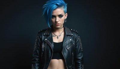 Bold individual with blue hair poses in leather jacket