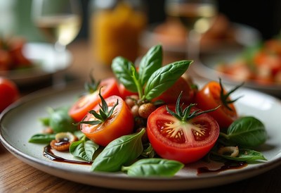 Fresh tomato salad with basil and nuts on a table