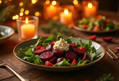 Delicious beet and strawberry salad with creamy topping