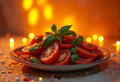 Freshly sliced tomatoes garnished with basil leaves