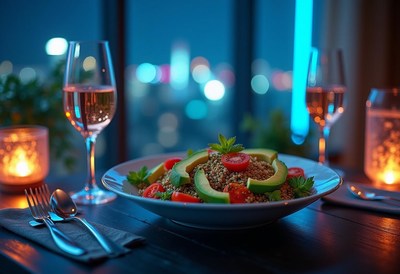 Elegant dinner setting with a fresh salad at night