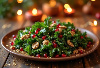 Fresh salad with walnuts and pomegranate on wooden table