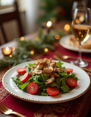 Fresh salad with grilled chicken served during dinner