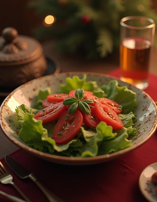 Fresh salad with tomatoes and greens on a festive table