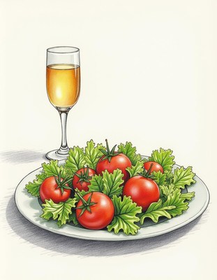 Fresh salad with tomatoes and a glass of beverage