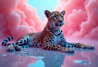 Majestic leopard resting in a vibrant cloud background