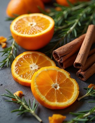 Fresh citrus slices with rosemary and cinnamon sticks
