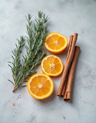Fresh oranges and aromatic herbs on a kitchen surface
