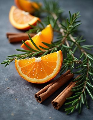 Bright orange slices with cinnamon and rosemary herbs