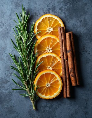 Fresh oranges and cinnamon sticks arranged beautifully