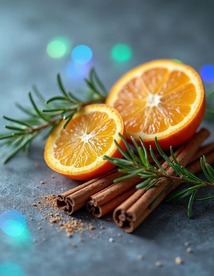 Fresh oranges and cinnamon on a textured surface