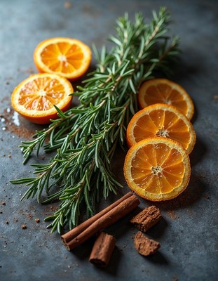 Fresh herbs and dried oranges on dark surface