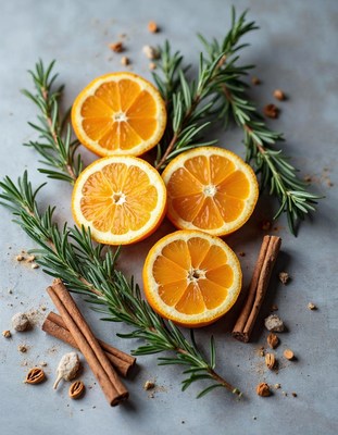Freshly cut oranges arranged with herbs and spices