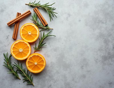 Slices of orange with cinnamon and rosemary on a countertop