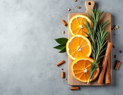 Fresh citrus and herbs arranged on a wooden cutting board