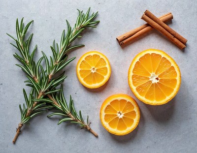 Fresh rosemary and orange slices on a gray background