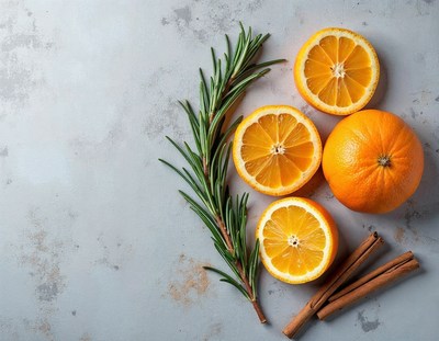 Fresh oranges and herbs create a vibrant kitchen display