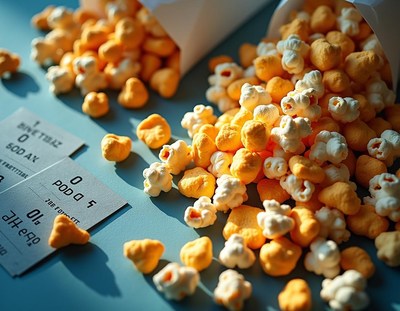 Colorful popcorn and tickets scattered on a table
