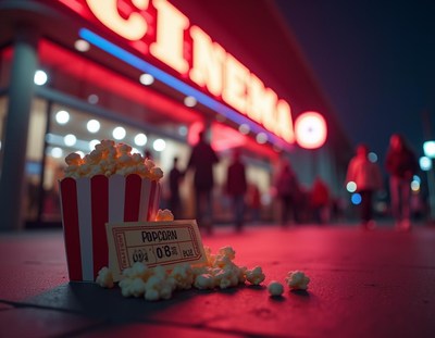 Evening at the cinema with popcorn and ticket on the ground