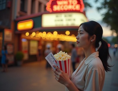 Young woman enjoying popcorn outside a theater