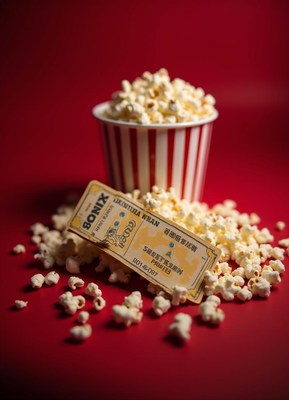 Enjoying popcorn with movie tickets on red backdrop