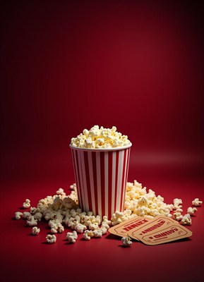 Striped cup of popcorn on red background