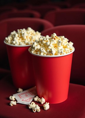 Delicious popcorn in red cups at the cinema