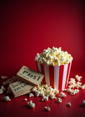 Popcorn in a striped container on a red background
