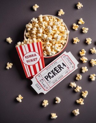 Movie snack time with popcorn and tickets on table