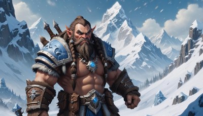 Strong warrior stands in snowy mountainscape