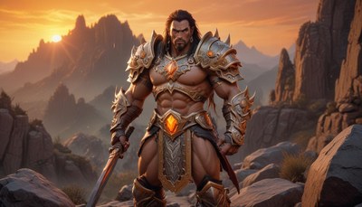 Heroic warrior stands strong in a rugged landscape at sunset