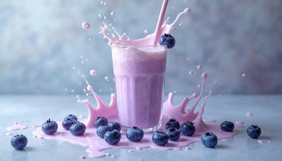Berry smoothie creates splash on a countertop