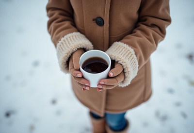 Enjoying a warm drink in the snowy winter landscape