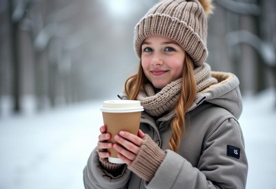 Young girl enjoying winter outdoors with hot drink