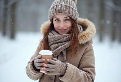 Smiling woman enjoying warm drink in snowy park