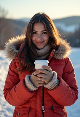 Woman enjoying warm drink in winter landscape