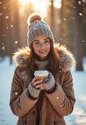 Winter afternoon with a woman enjoying a warm drink