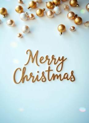 Merry christmas greeting with golden ornaments on white