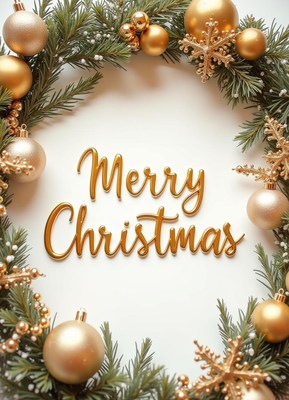 Beautiful christmas wreath with gold decorations and message