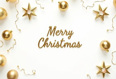 Festive golden decorations with merry christmas text