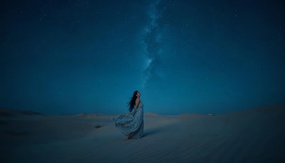 Woman in flowing dress walking through desert at night