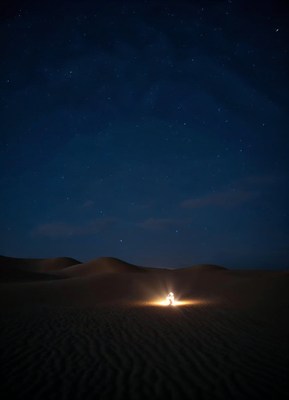 Campfire in a desert under a starry night sky