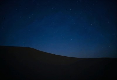Stars twinkle over a serene desert landscape at night