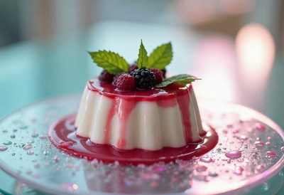Delicious dessert with berries and mint on a glass plate