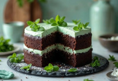 Chocolate mint cake served with fresh mint leaves